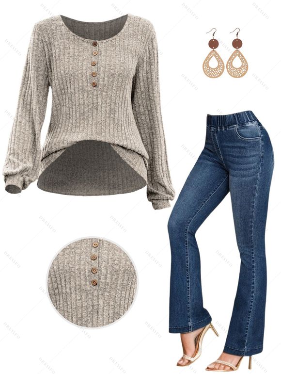 Half Button Ribbed Long Sleeve Top And Elastic Waist Long Flare Jeans Hollow Out Wood Hook Drop Earrings Outfit - café lumière S | US 4