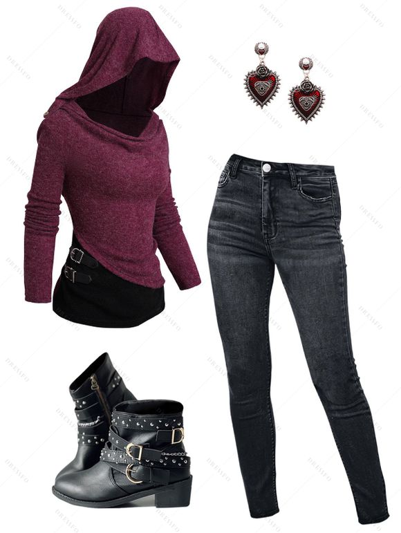 Contrast Color Panel Buckle Strap Hooded Knitwear And Zip Fly Pencil Jeans Rivet Zip Up Boots Devil Eye Flower Pattern Drop Earrings Outfit - Rouge foncé S | US 4