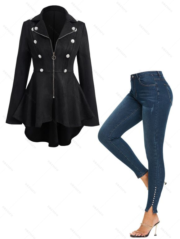 O Ring Zipper Up Mock Button High Low Coat And Studded Slit Skinny Jeans Outfit - Noir S | US 4