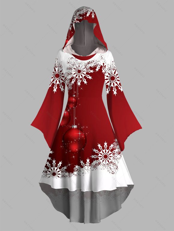 Robe à Capuche Haute Basse Boule Contrastée Flocon de Neige de Noël Imprimée à Manches Bouffantes - Rouge XL | US 12