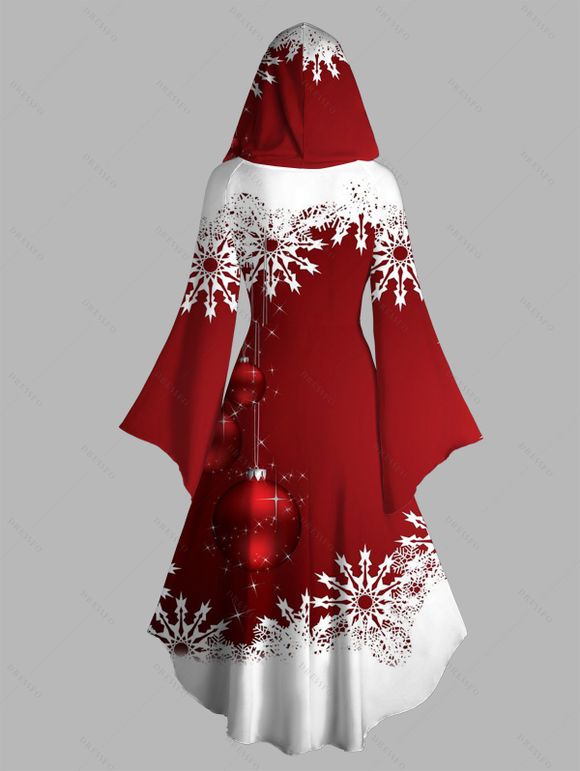 Robe à Capuche Haute Basse Boule Contrastée Flocon de Neige de Noël Imprimée à Manches Bouffantes - Rouge L | US 8-10