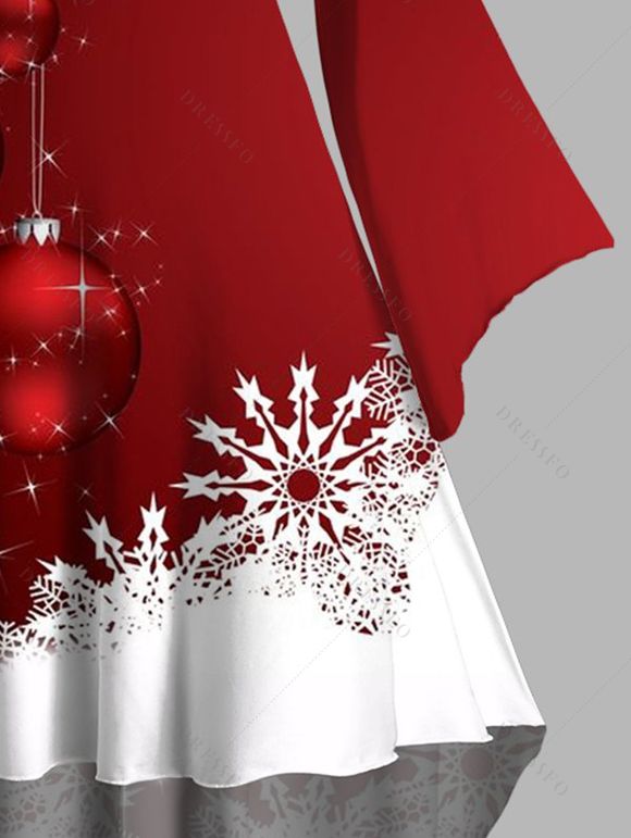 Robe à Capuche Haute Basse Boule Contrastée Flocon de Neige de Noël Imprimée à Manches Bouffantes - Rouge L | US 8-10