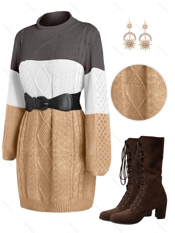 Colorblock Cable Knit Dress and Lace Up Boots Star Sun Moon Earrings Outfit - café S | US 4