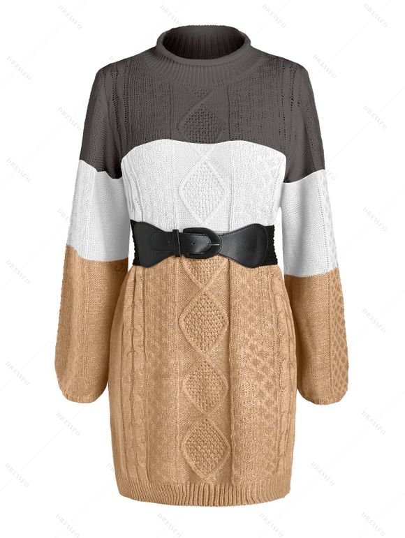 Colorblock Cable Knit Dress and Lace Up Boots Star Sun Moon Earrings Outfit - café S | US 4