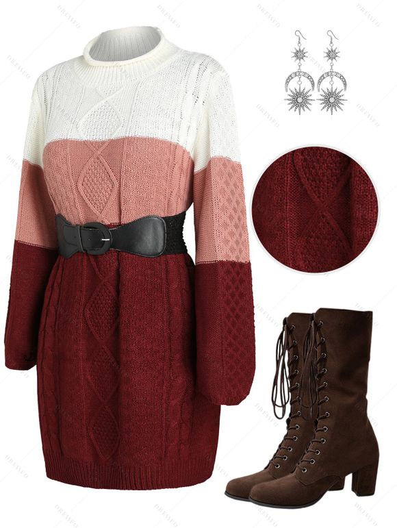 Colorblock Cable Knit Dress and Lace Up Boots Star Sun Moon Earrings Outfit - Rouge foncé S | US 4