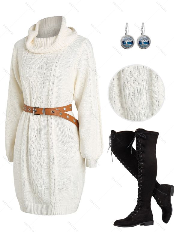 Solid Turtleneck Cable Sweater Dress and Lace Up Over The Knee Boots Tree of Life Earrings Outfit - Blanc S | US 4