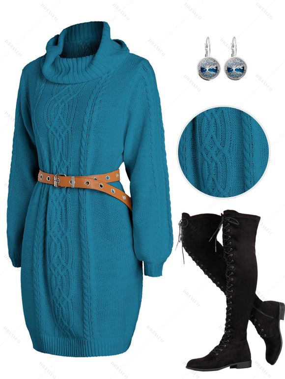 Solid Turtleneck Cable Sweater Dress and Lace Up Over The Knee Boots Tree of Life Earrings Outfit - Bleu S | US 4