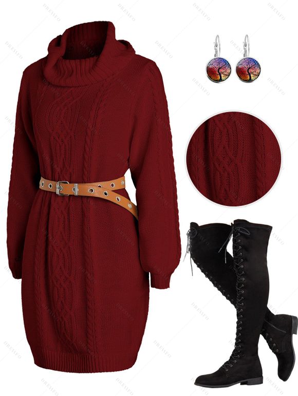 Solid Turtleneck Cable Sweater Dress and Lace Up Over The Knee Boots Tree of Life Earrings Outfit - Rouge foncé S | US 4