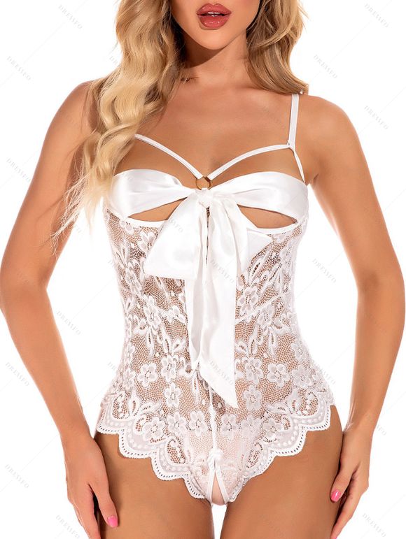 Body Sexy Festonné Fleuri en Dentelle Transparente avec Nœud Papillon - Blanc XL | US 10