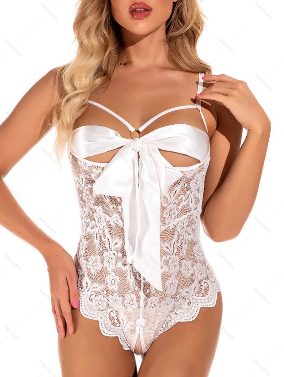 Body Sexy Festonné Fleuri en Dentelle Transparente avec Nœud Papillon - Blanc XL | US 10