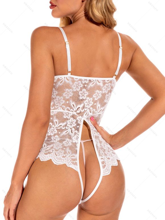 Body Sexy Festonné Fleuri en Dentelle Transparente avec Nœud Papillon - Blanc XL | US 10