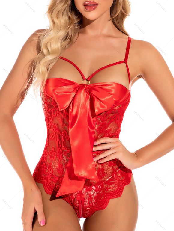 Body Sexy Festonné Fleuri en Dentelle Transparente avec Nœud Papillon - Rouge XXL | US 12