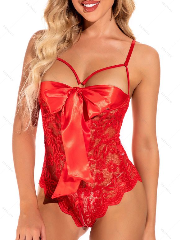 Body Sexy Festonné Fleuri en Dentelle Transparente avec Nœud Papillon - Rouge XXL | US 12