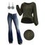 Half Button Ribbed Long Sleeve Top And Faded Wash Double Button Zip Fly Long Flare Jeans Hollow Out Tribal Earrings Outfit - Vert profond S | US 4