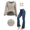 Half Button Ribbed Long Sleeve Top And Elastic Waist Long Flare Jeans Hollow Out Wood Hook Drop Earrings Outfit - café lumière S | US 4