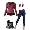 Half Zipper Ribbed Textured Long Sleeve Top And Topstitching Pocket Pencil Jeans Rivet Buckle Strap Zip Up Boots Tree of Life Earrings Outfit - Rouge foncé S | US 4