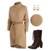 Turtleneck Drop Shoulder High Low Sweater Dress And Chunky Heel Lace Up Mid Calf Boots Rhinestone Drop Earrings Outfit - café S | US 4