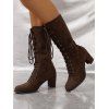 Turtleneck Drop Shoulder High Low Sweater Dress And Chunky Heel Lace Up Mid Calf Boots Rhinestone Drop Earrings Outfit - café S | US 4