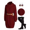 Solid Turtleneck Cable Sweater Dress and Lace Up Over The Knee Boots Tree of Life Earrings Outfit - Rouge foncé S | US 4