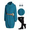 Solid Turtleneck Cable Sweater Dress and Lace Up Over The Knee Boots Tree of Life Earrings Outfit - Bleu S | US 4