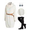 Solid Turtleneck Cable Sweater Dress and Lace Up Over The Knee Boots Tree of Life Earrings Outfit - Blanc S | US 4