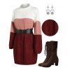 Colorblock Cable Knit Dress and Lace Up Boots Star Sun Moon Earrings Outfit - Rouge foncé S | US 4