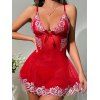 Ensemble de Body Sexy Fleuri en Dentelle Transparente et de T-String - Rouge S | US 4