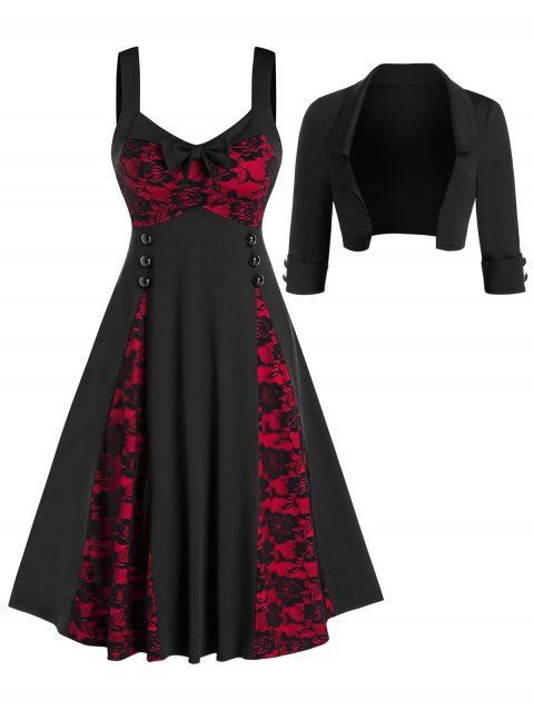 Robe vintage sans manches en dentelle fleurie et veste courte