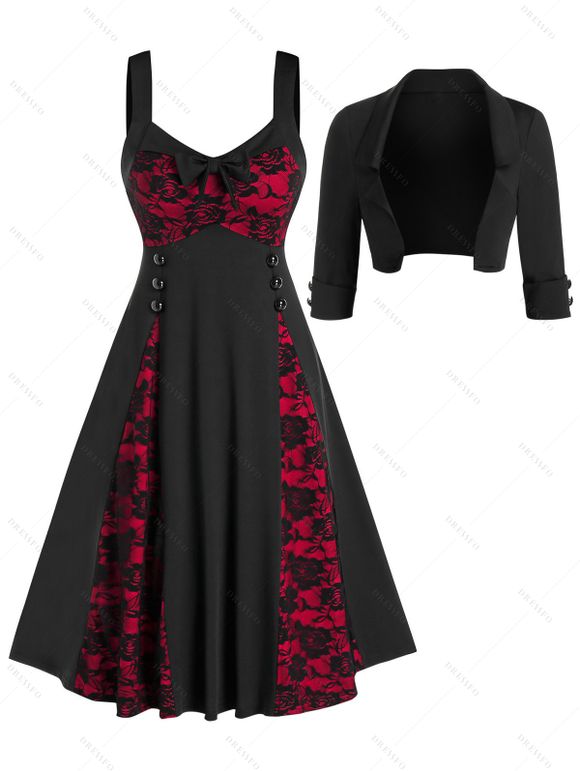 Robe Vintage en Dentelle à Fleurs sans Manches et Veste Courte - Noir XL