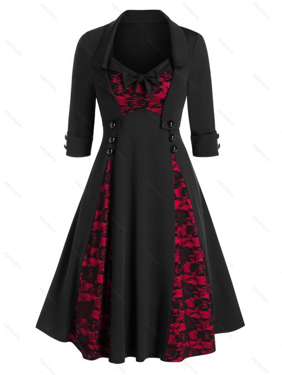 Robe Vintage en Dentelle à Fleurs sans Manches et Veste Courte - Noir 2XL