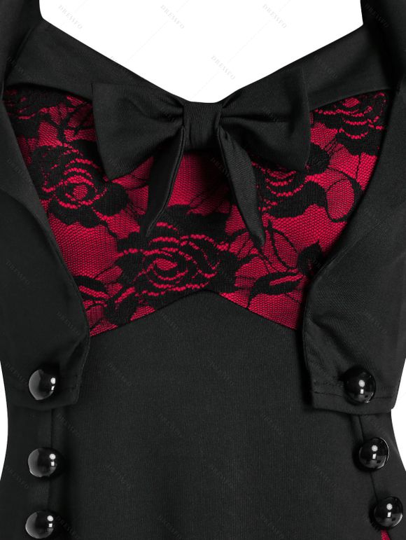 Robe Vintage en Dentelle à Fleurs sans Manches et Veste Courte - Noir 2XL