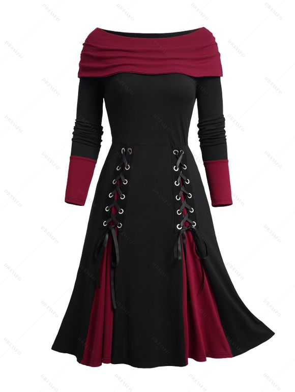 Robe Décontractée Contrastée Jointif à Col Bertha à Lacet - Noir XXL | US 14