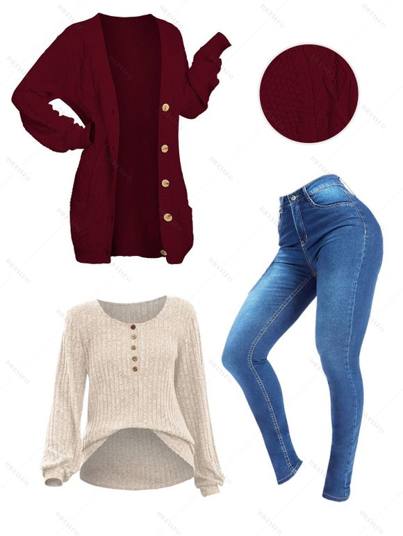 Open-Front Cable Knit Cardigan V Neck Lace Up Sleeve Top And Zip Fly Skinny Long Pencil Jeans Outfit - Rouge foncé S | US 4