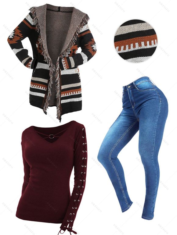 Tribal Print Fringe Hooded Cardigan V Neck Lace Up Sleeve Top And Zip Fly Skinny Pencil Jeans Outfit - Rouge foncé S | US 4