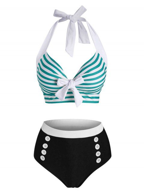 Maillot de Bain Tankini Vintage Rayé Fleuri Imprimé avec Bouton à Col Halter