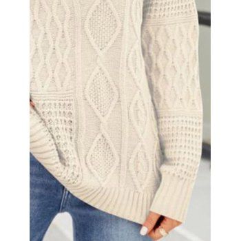 Solid Color Round Neck Drop Shoulder Ribbed Trim Long Sleeve Cable Sweater