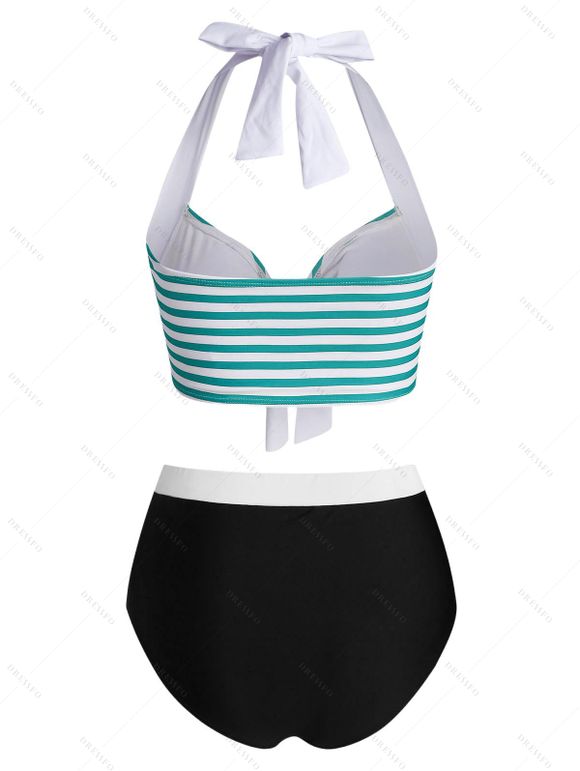 Maillot de Bain Tankini Vintage Rayé Fleuri Imprimé avec Bouton à Col Halter - multicolor S