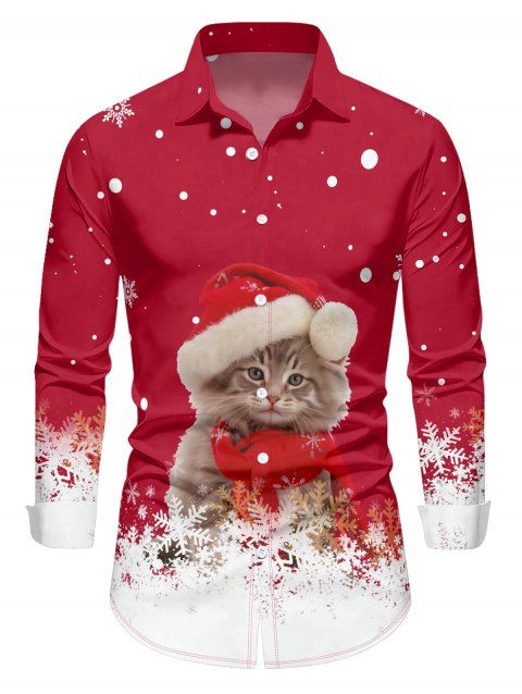 Chemise Décontractée Boutonnée Chat et Flocon de Neige Imprimés à Manches Longues à Col Relevé