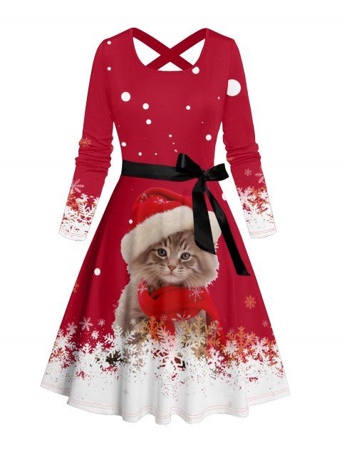 Robe de Noël Ligne A Ceinturée Croisé Chat et Flocon de Neige Imprimés à Manches Longues à Pois