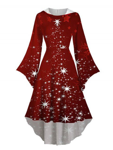 Robe à Capuche Mi-Longue Haute Basse Etoile Lumière et Flocon de Neige de Noël Imprimés à Manches Evasées