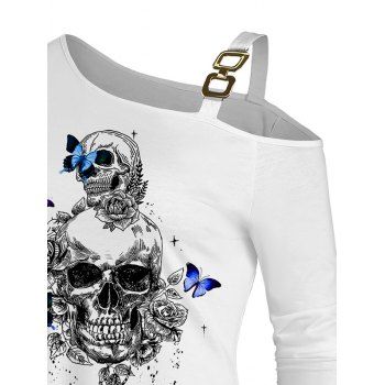 Skull Flower Butterfly Splatter Print Square Buckle Skew Collar Long Sleeve T-shirt