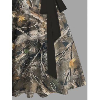 Leaf Tree Branch Camouflage Allover Print Belted Mini Dress Sweetheart Neck Ruched Sleeveless Dress