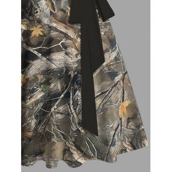 Leaf Tree Branch Camouflage Allover Print Belted Mini Dress Sweetheart Neck Ruched Sleeveless Dress 