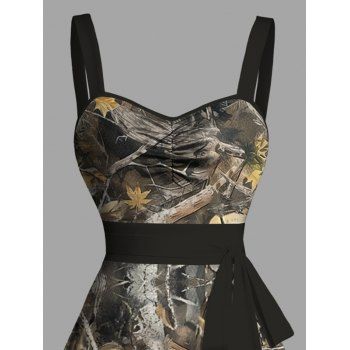 Leaf Tree Branch Camouflage Allover Print Belted Mini Dress Sweetheart Neck Ruched Sleeveless Dress 
