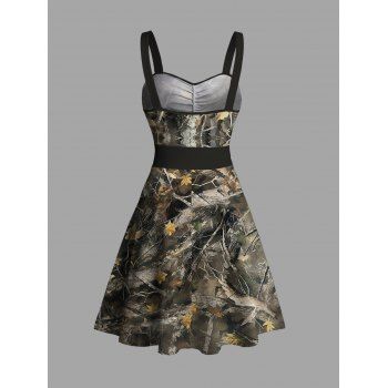 Leaf Tree Branch Camouflage Allover Print Belted Mini Dress Sweetheart Neck Ruched Sleeveless Dress 