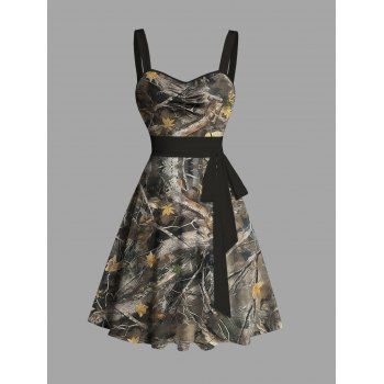 Leaf Tree Branch Camouflage Allover Print Belted Mini Dress Sweetheart Neck Ruched Sleeveless Dress 