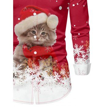 Christmas Cat Snowflake Print Long Sleeve Shirt Button Up Turn-down Collar Casual Shirt