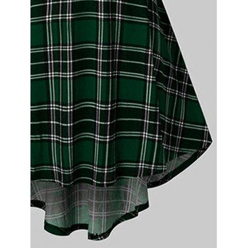 Christmas Plaid Print Faux Fur Plunge Neck High Low Dress Long Sleeve O Ring Belt Dress