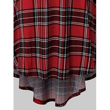 Christmas Plaid Print Faux Fur Plunge Neck High Low Dress Long Sleeve O Ring Belt Dress