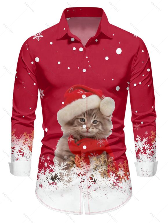 Chemise Décontractée Boutonnée Chat et Flocon de Neige Imprimés à Manches Longues à Col Relevé - Rouge 4XL